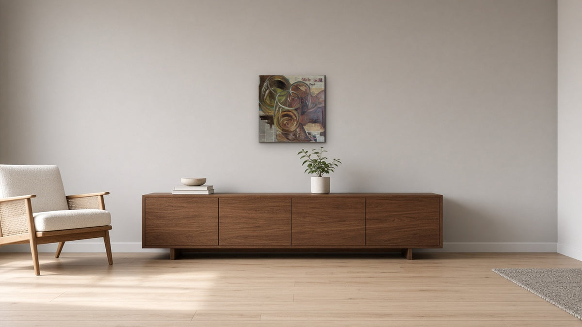 Cheers hanging above a sideboard